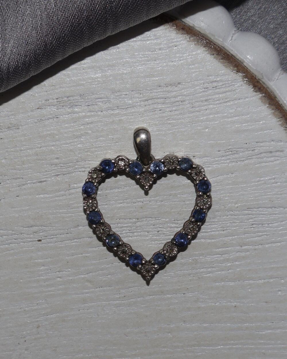 Open Heart Sterling Silver Sapphire & Diamond Pendant 2G / 0.9in